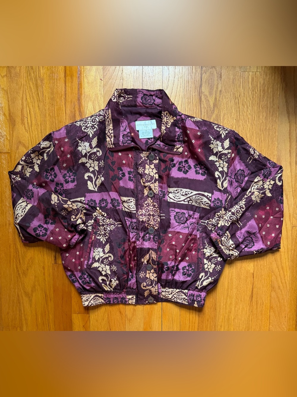 Vintage Petite Sophisticate Silk Patchwork Floral Bomber Jacket